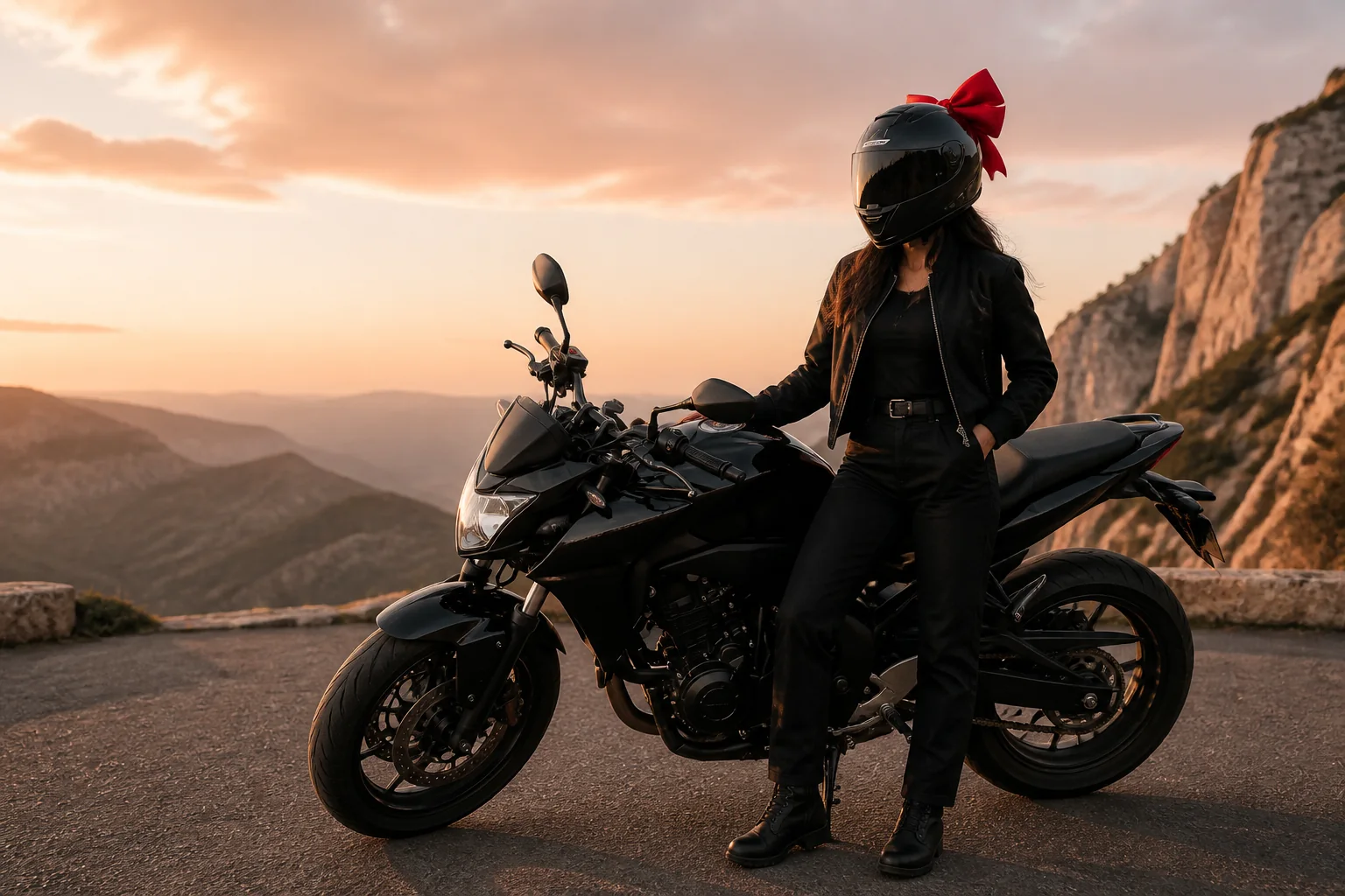 Motarde vêtue de noir près de sa moto, casque orné d’un nœud rouge, au coucher du soleil
